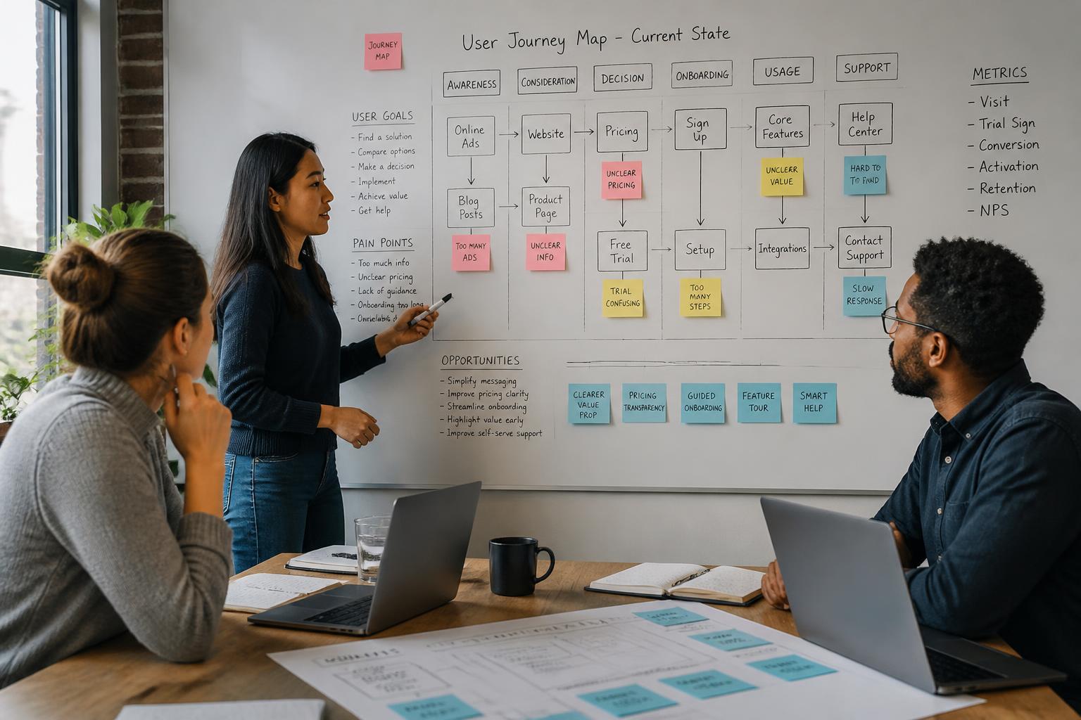 A small product and operations team mapping a customer journey on a whiteboard during a working session